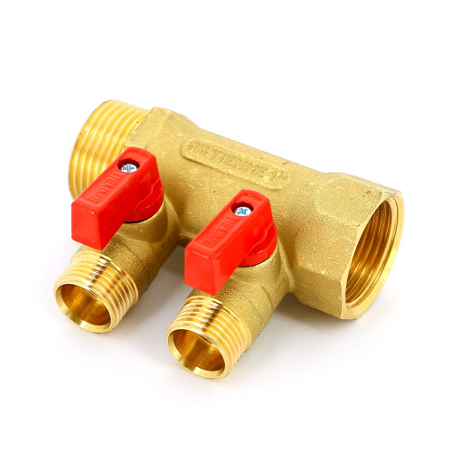 Коллектор 2 выхода Tiemme 1"x1/2"евроконус с кранами, латунь 1820006