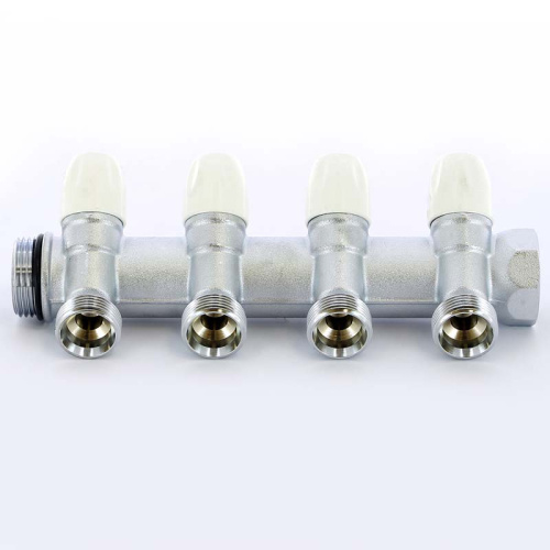 Коллектор 4 выхода Tiemme 1"x3/4"евроконус с вентилями, никелированый 1860019