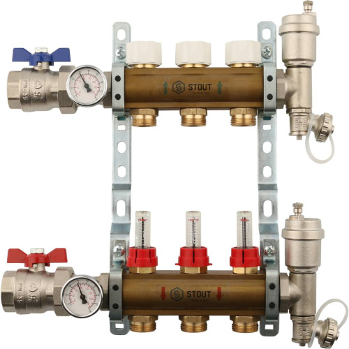 Коллектор отопления STOUT 1"латунь, 3x3/4" в сборе с расходомерами SMB 0473 000003