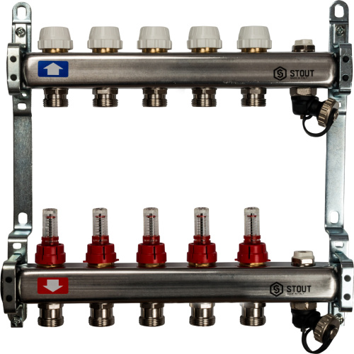 Коллектор отопления STOUT 1"нержа., 5x3/4" с расxодомерами, без кранов SMS 0927 000005