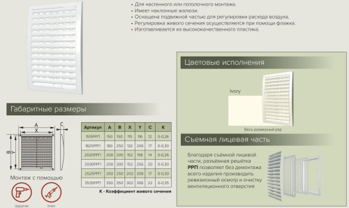 3535РРП Ivory, Решетка вентиляционная регулируемая ЭРА АБС 350х350, Ivory  АБС