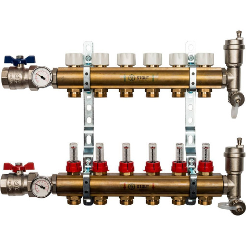Коллектор отопления STOUT 1"латунь, 6x3/4" в сборе с расходомерами SMS 0473 000006