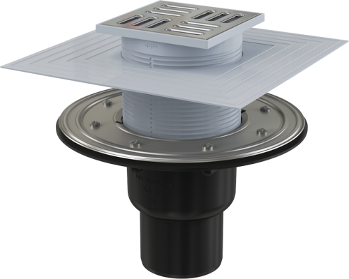 Сливной трап Alcaplast 105х105/50/75 мм, прямая подводка, решетка и фланец из нержавеющей стали, воротник – 2–х уровневая изоляция, гидрозатвор – сухой и мокрый APV4344 Сливной трап Alcaplast 105х105/50/75 мм, прямая подводка, решетка и фланец из нержавеющей стали, воротник – 2–х уровневая изоляция, гидрозатвор – сухой и мокрый APV4344