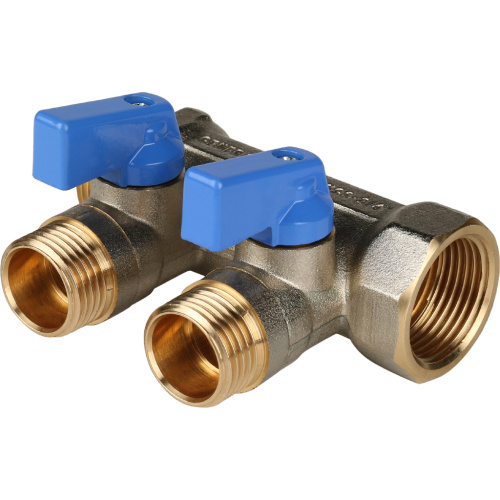 Коллектор 2 выхода STOUT 3/4"x1/2" с кранами, синии ручки SMB 6201 341202
