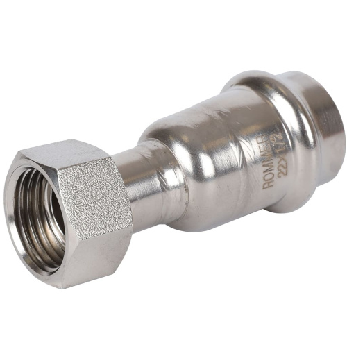 Соединитель с накидной гайкой 22x1/2" пресс, нержавеющая сталь Rommer Соединитель с накидной гайкой 22x1/2" пресс, нержавеющая сталь Rommer