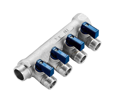 Коллектор 4 выхода Tiemme 3/4"x1/2"евроконус с кранами, никелированый 1820049