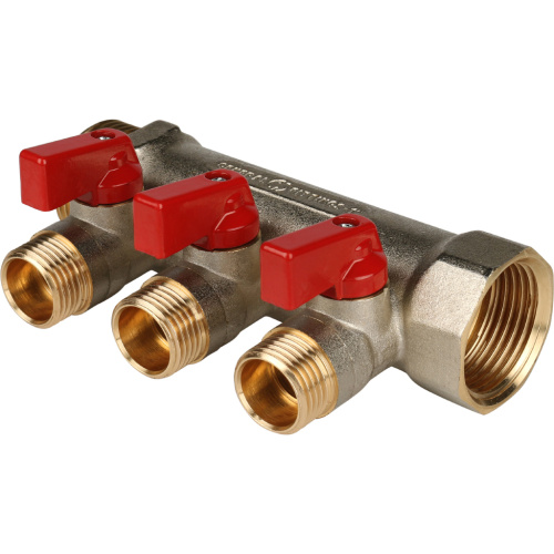 Коллектор 3 выхода STOUT 1"x1/2" с кранами, красные ручки SMB SMB 6210 011203
