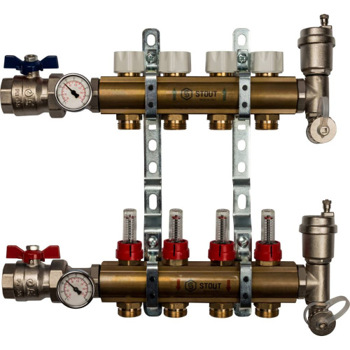 Коллектор отопления STOUT 1"латунь, 4x3/4" в сборе с расходомерами SMB 0473 000004
