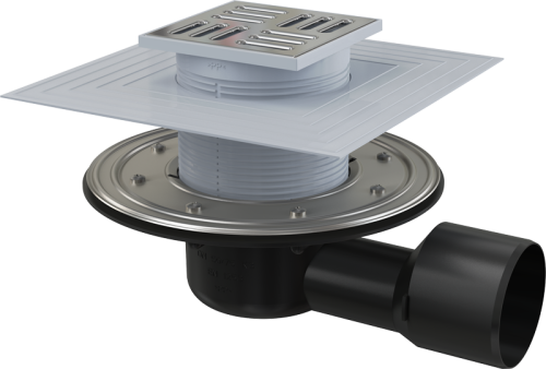Сливной трап Alcaplast 105х105/50/75 мм, боковая подводка, решетка и фланец из нержавеющей стали, воротник – 2–х уровневая изоляция, гидрозатвор – сухой и мокрый APV3344 Сливной трап Alcaplast 105х105/50/75 мм, боковая подводка, решетка и фланец из нержавеющей стали, воротник – 2–х уровневая изоляция, гидрозатвор – сухой и мокрый APV3344