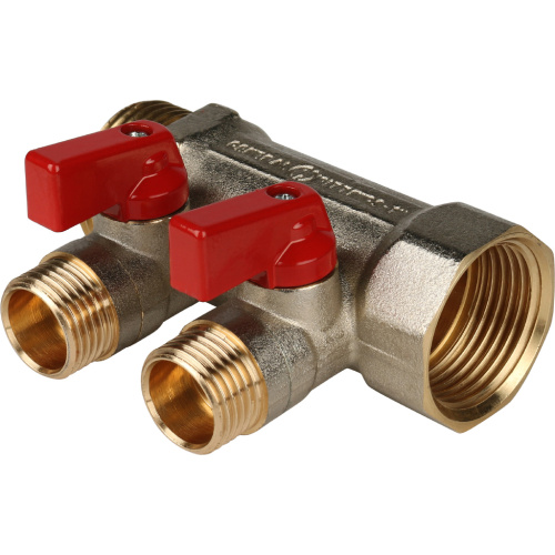 Коллектор 2 выхода STOUT 1"x1/2" с кранами, красные ручки SMB 6200 011202