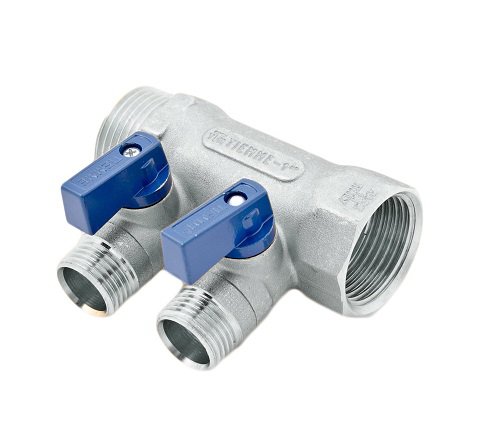 Коллектор 2 выхода Tiemme 1"x1/2"евроконус с кранами, никелированый 1820010