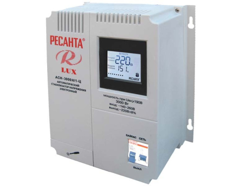 Стабилизатор напряжения Ресанта Lux АСН-3000Н/1-Ц с байпасом и розеткой, однофазный Стабилизатор напряжения Ресанта Lux АСН-3000Н/1-Ц с байпасом и розеткой, однофазный