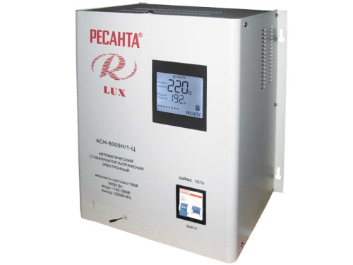 Стабилизатор напряжения Ресанта Lux АСН-8000Н/1-Ц с байпасом и розеткой, однофазный Стабилизатор напряжения Ресанта Lux АСН-8000Н/1-Ц с байпасом и розеткой, однофазный