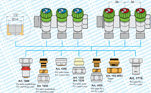 Коллектор 4 выхода Tiemme 3/4"x1/2"евроконус с вентилями, никелированый 1840001