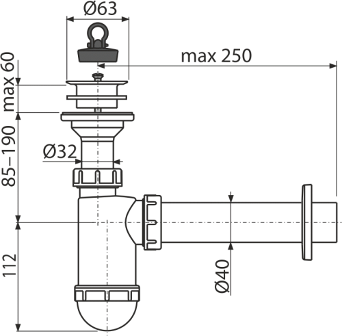Сифон Alcaplast Ø40 для раковины, с пластмассовой peшeткой Ø63 A42 Сифон Alcaplast Ø40 для раковины, с пластмассовой peшeткой Ø63 A42
