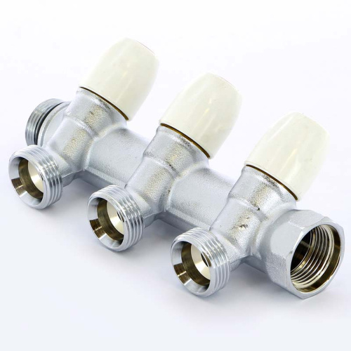 Коллектор 3 выхода Tiemme 3/4"x3/4"евроконус с вентилями, никелированый 1860011
