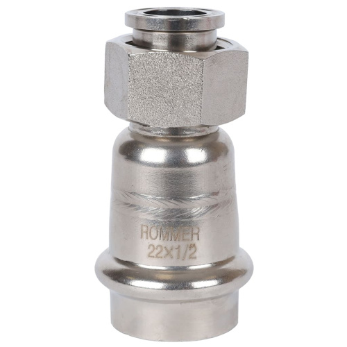 Соединитель с накидной гайкой 22x1/2" пресс, нержавеющая сталь Rommer Соединитель с накидной гайкой 22x1/2" пресс, нержавеющая сталь Rommer