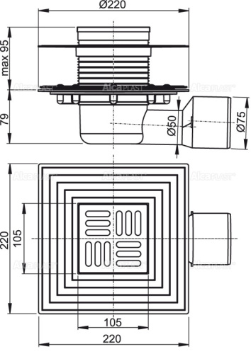 Сливной трап Alcaplast 105х105/50/75 мм, боковая подводка, решетка и фланец из нержавеющей стали, воротник – 2–х уровневая изоляция, гидрозатвор – сухой и мокрый APV3344 Сливной трап Alcaplast 105х105/50/75 мм, боковая подводка, решетка и фланец из нержавеющей стали, воротник – 2–х уровневая изоляция, гидрозатвор – сухой и мокрый APV3344