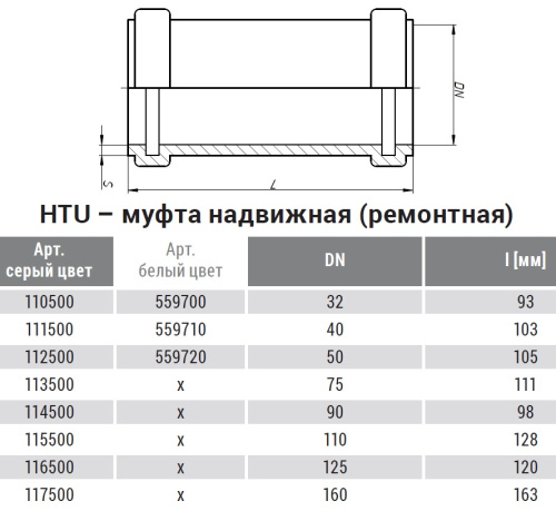 Муфта 110 надвижная, ремонтная HTU Ostendorf внутренняя канализация Муфта 110 надвижная, ремонтная HTU Ostendorf внутренняя канализация