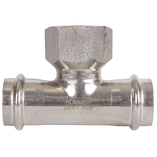 Тройник с резьбой ВПр-ВР 28x1"x28 пресс, нержавеющая сталь Rommer Тройник с резьбой ВПр-ВР 28x1"x28 пресс, нержавеющая сталь Rommer