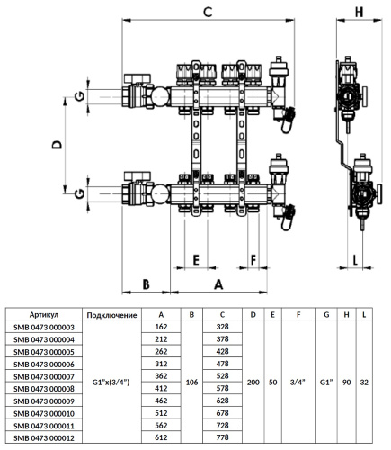 Коллектор отопления STOUT 1"латунь, 3x3/4" в сборе без расходомеров SMB 0468 000003