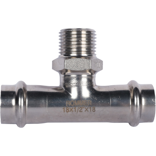 Тройник с резьбой ВПр-НР 18x1/2"x18 пресс, нержавеющая сталь Rommer Тройник с резьбой ВПр-НР 18x1/2"x18 пресс, нержавеющая сталь Rommer