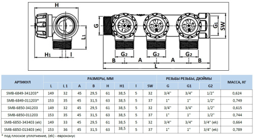 Коллектор 3 выхода STOUT 3/4"x3/4" евроконус с вентилями SMB-6850-343403