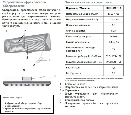 Инфракрасный ламповый обогреватель BALLU BIH-LW2-1.5 Инфракрасный ламповый обогреватель BALLU BIH-LW2-1.5