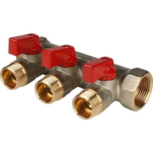 Коллектор 3 выхода STOUT 3/4"x1/2" с кранами, красные ручки SMB 6210 341203