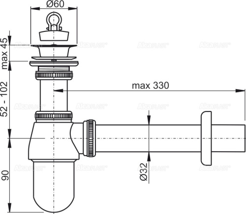 Сифон Alcaplast d 32 мм, для раковины, с водосливом 5/4", цельнометаллический A437 Сифон Alcaplast d 32 мм, для раковины, с водосливом 5/4", цельнометаллический A437