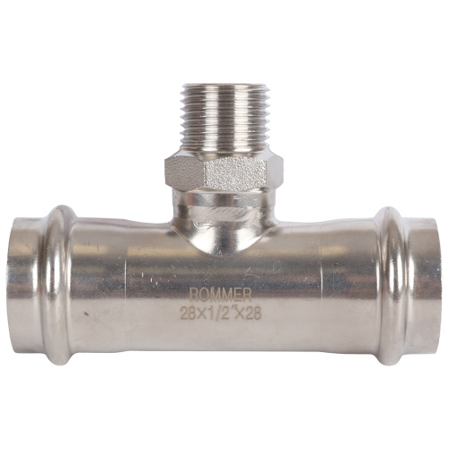 Тройник с резьбой ВПр-НР 28x1/2"x28 пресс, нержавеющая сталь Rommer Тройник с резьбой ВПр-НР 28x1/2"x28 пресс, нержавеющая сталь Rommer