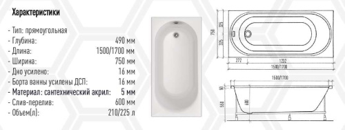 Акриловая ванна Eurolux OBERONY 150х75 E1015075024 Акриловая ванна Eurolux OBERONY 150х75 E1015075024