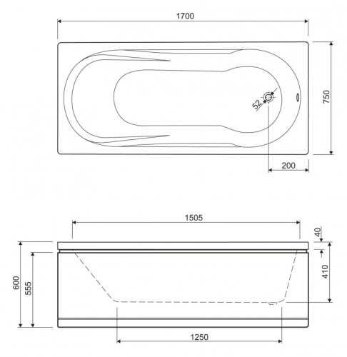 Акриловая ванна Riho 1700x750x410 MODENA-170-75-41