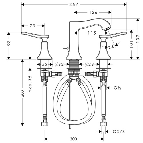 Смеситель для раковины Hansgrohe Metris Classic 31073000 хром, на 3 отверстия, донный клапан Смеситель для раковины Hansgrohe Metris Classic 31073000 хром, на 3 отверстия, донный клапан