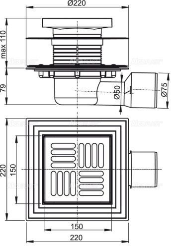 Сливной трап Alcaplast 150 × 150/50/75, подводка – боковая, решетка – нержавеющая сталь, фланец –нержавеющая сталь, воротник – 2–х уровневая изоляция, гидрозатвор – сухой и мокрый APV3444 Сливной трап Alcaplast 150 × 150/50/75, подводка – боковая, решетка – нержавеющая сталь, фланец –нержавеющая сталь, воротник – 2–х уровневая изоляция, гидрозатвор – сухой и мокрый APV3444
