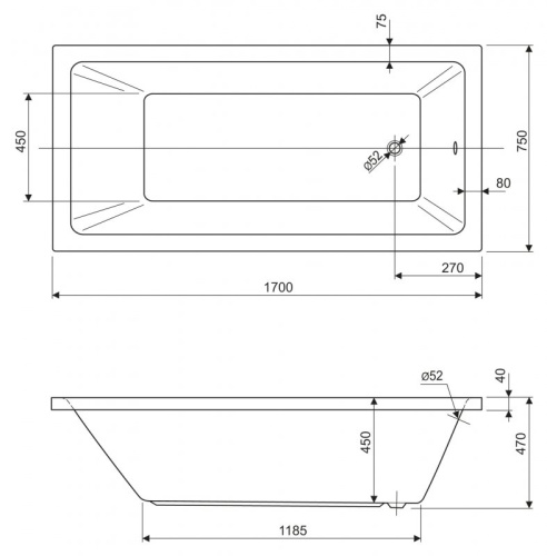 Акриловая ванна Riho 1700х800х460 PLANE SOLO-170-80-49