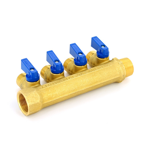 Коллектор 4 выхода Tiemme 3/4"x1/2"евроконус с кранами, латунь 1820016