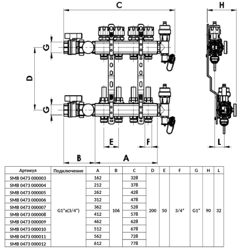 Коллектор отопления STOUT 1"латунь, 4x3/4" в сборе с расходомерами SMB 0473 000004