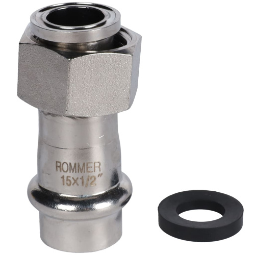 Соединитель с накидной гайкой 15x1/2" пресс, нержавеющая сталь Rommer Соединитель с накидной гайкой 15x1/2" пресс, нержавеющая сталь Rommer