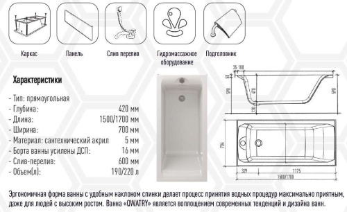 Акриловая ванна Eurolux QWATRY 170х70 E1017070030 Акриловая ванна Eurolux QWATRY 170х70 E1017070030
