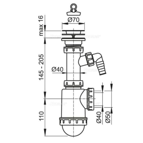 Сифон Alcaplast для мойки с нержавеющей решеткой d 70 мм, с штуцером A441P-DN50/40 Сифон Alcaplast для мойки с нержавеющей решеткой d 70 мм, с штуцером A441P-DN50/40