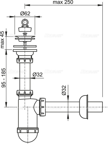 Сифон Alcaplast Ø32 для раковины, с нержавеющей peшeткой Ø63 A411 Сифон Alcaplast Ø32 для раковины, с нержавеющей peшeткой Ø63 A411