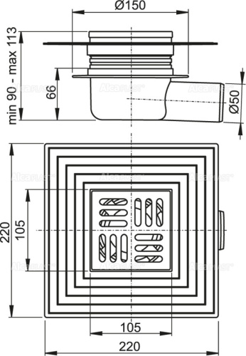 Сливной трап Alcaplast 105х105/50 мм, боковая подводка, решетка из нержавеющей стали, воротник – 2–х уровневая изоляция, гидрозатвор – сухой, для установки снаружи APV26C Сливной трап Alcaplast 105х105/50 мм, боковая подводка, решетка из нержавеющей стали, воротник – 2–х уровневая изоляция, гидрозатвор – сухой, для установки снаружи APV26C