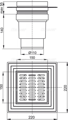 Сливной трап Alcaplast 150 × 150/110, подводка – прямая, решетка – нержавеющая сталь, воротник – 2-х уровневая изоляция, гидрозатвор – мокрый APV13 Сливной трап Alcaplast 150 × 150/110, подводка – прямая, решетка – нержавеющая сталь, воротник – 2-х уровневая изоляция, гидрозатвор – мокрый APV13