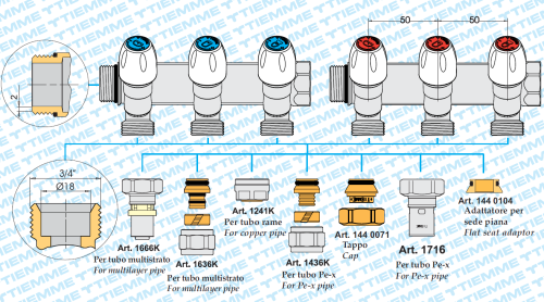 Коллектор 3 выхода Tiemme 3/4"x3/4"евроконус с вентилями, никелированый 1860011