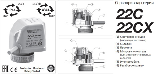 Электротермический сервопривод 230В нормально закрытый Watts