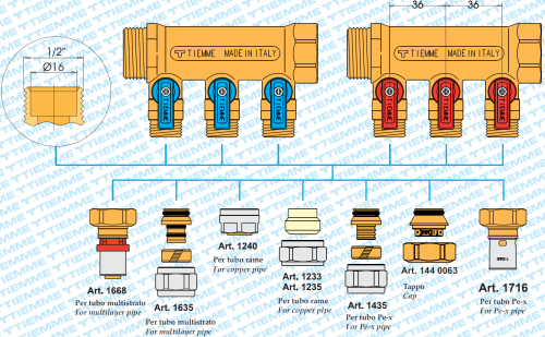 Коллектор 2 выхода Tiemme 1"x1/2"евроконус с кранами, латунь 1820006