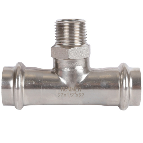 Тройник с резьбой ВПр-НР 22x1/2"x22 пресс, нержавеющая сталь Rommer Тройник с резьбой ВПр-НР 22x1/2"x22 пресс, нержавеющая сталь Rommer