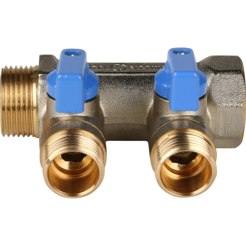 Коллектор 2 выхода STOUT 3/4"x1/2" с кранами, синии ручки SMB 6201 341202