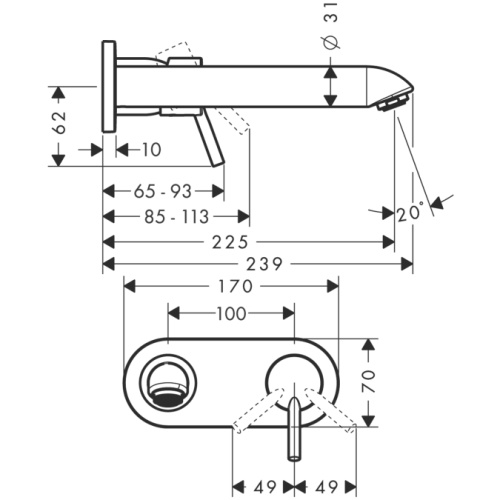 Смеситель для раковины Hansgrohe Talis S2 31611000 , нстенный, излив 225 мм Смеситель для раковины Hansgrohe Talis S2 31611000 , нстенный, излив 225 мм